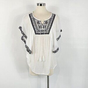 Indigo Soul Boho Coastal Blouse Womens Size Medium White Black Crochet Crinkle